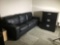Black Leather Couch and 3-Drawer Metal Filing Cabinet