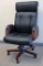 (2) Newport Black Italian Leather w/Natural Wood Color High-Back Chairs