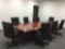 Baltimore Art Deco Boat Shape Conference Table w/8 Mid-Back Leather Chairs, Whiteboard Cabinet and 2