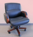 (2) Sacramento Black Italian Leather w/Dark Cherry Wood Color Mid-Back Chairs