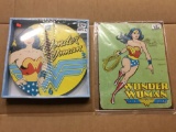 (1) Wonder Woman 13.5in Wall Clock (1) Wonder Woman Retro Metal Tin Sign 12in X 16in