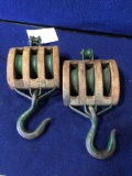 (2) Vintage Wooden Triple Pulleys