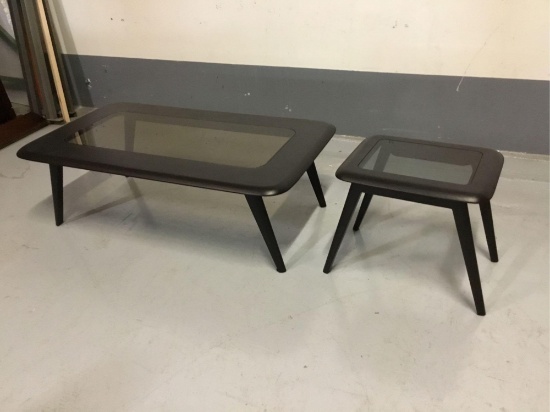 (1) Natuzzi Editions Glass Top Wooden Coffee Table and (1) Matching Glass Top Wooden End Table