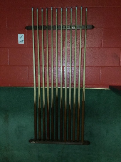 Lot of (10) Cue Sticks and Rack