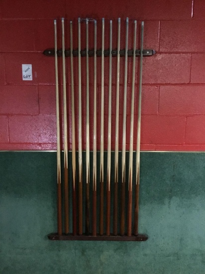 Lot of (10) Cue Sticks and Rack