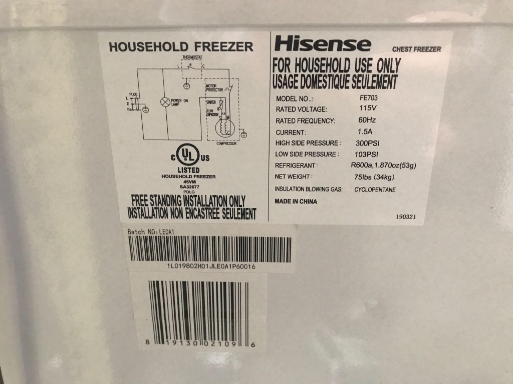 Hisense 7 cu.ft. Chest Freezer - White | Computers & Electronics Appliances  Refrigerators & Freezers | Online Auctions | Proxibid