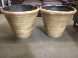 Lot of (2) Composite Round Nesting Faux Woven Pots, White Washed Beige