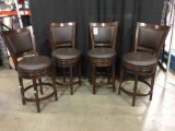 (4) Brown Leather Wooden Swiveling Pub Stools