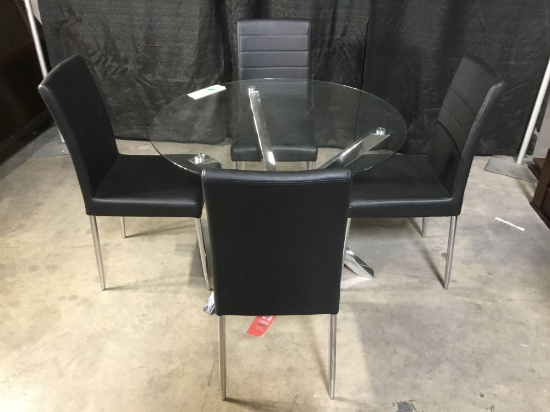 Coaster Round Glass Table with (4) Leather Chairs