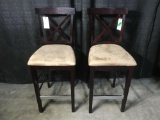 (2) Wooden Bar Height Stools With Padded Seats