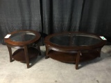 (1) Wooden Coffee Table With Glass Top and (1) Matching Wooden End Table