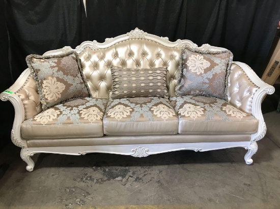 Chantelle Collection 84in Sofa in Rose Gold and Pearl with 3 Toss Pillows