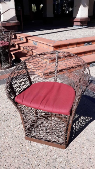 (2) Metal Wicker Style Outdoor Barrel Chairs with Cushions