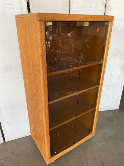 Wooden 3 Shelf Rolling Display Case With Glass Doors