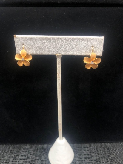 12mm Lever 14k Gold Plumeria with Diamond Earrings