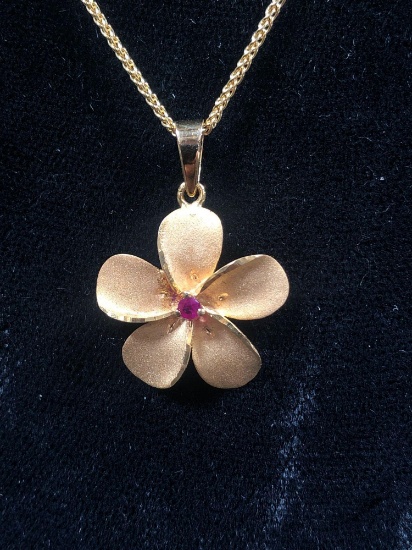 Plumeria Pendant with Ruby on 14k Chain