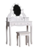 VEIKOUS White Wooden Bedroom Vanity Sets Makeup Table Set with Oval Lights Mirror and Stool