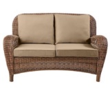Hampton Bay Beacon Park Brown Wicker Outdoor Patio Loveseat with Toffee Tan Cushions
