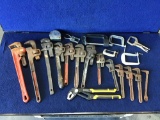 Lot of Assorted Vintage Pipe Wrenches, Clamps and Measuring Tape