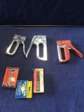 Box Lot of Assorted Staple Guns and Staples