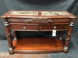 Palm Leaf Motif Stone Inlay Top Wooden Nightstand