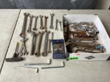 Box Lot of Assorted Wrenches and Tools