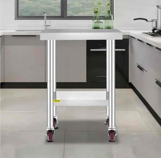 Kitchen Prep Table Stainless Steel Rolling Table with Wheels and Brake Kitchen Utility Table,Silver
