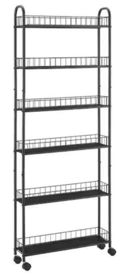 6-Shelf Black Metal Slim Storage Cart, Mobile Wire Rack Shelving Unit with Baskets