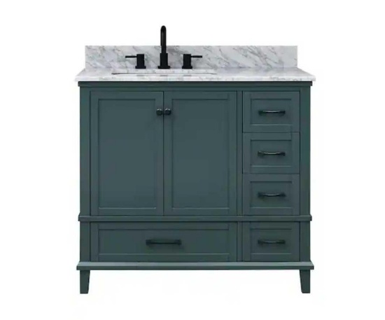 Merryfield 37 in. Single Sink Antigua Green Bath Vanity with White Carrara Marble Top