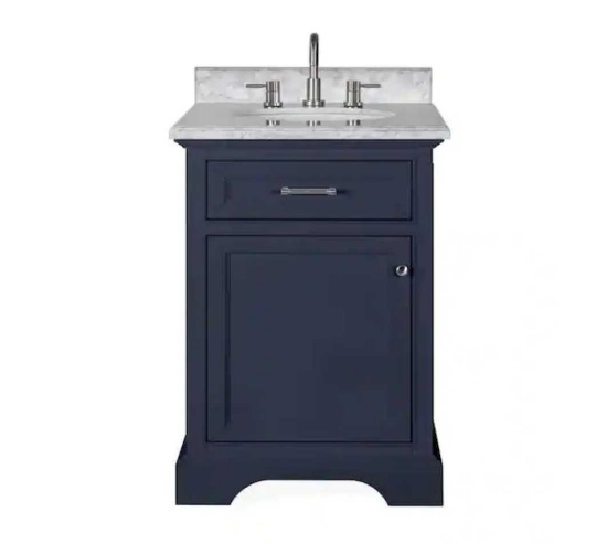 Home Decorations Collection Windlowe 24 in. Single Sink Navy Blue Bath Vanity with White Carrara