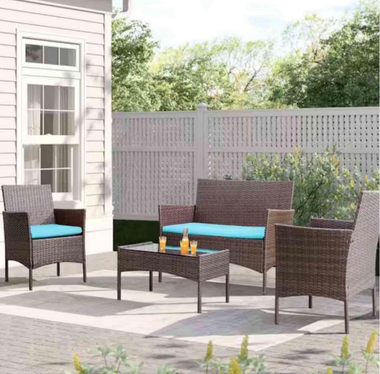 Brown 4-Pieces Wicker Outdoor Patio Conversation Furniture Sets Rattan Chair Wicker Set with Blue