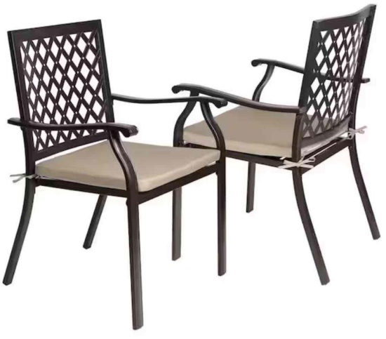 Brown Metal Patio Outdoor Dining Chair Set with Beige Seat Cushion (2-Pack)