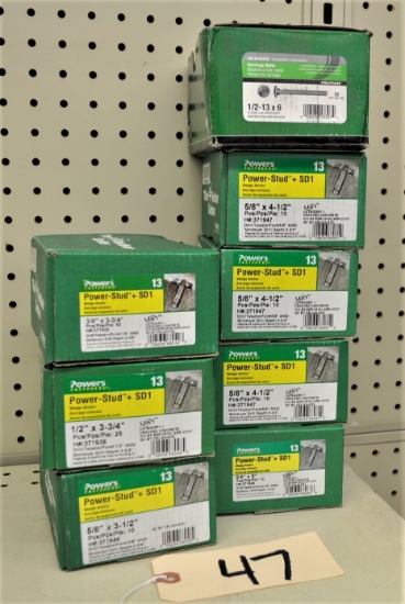 7 Boxes Powerstud Wedge Anchors (3/8", 1/2", 5/8") & 1 box Carriage bolts
