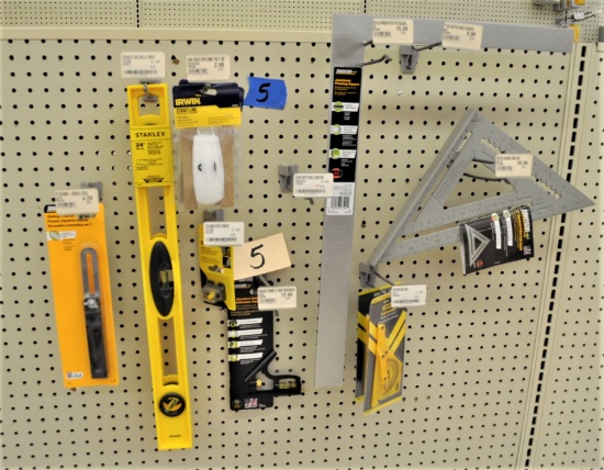 Assortment of T-Bevel, Levels, stud finder, Squares, Protractor, Chalk replacement line