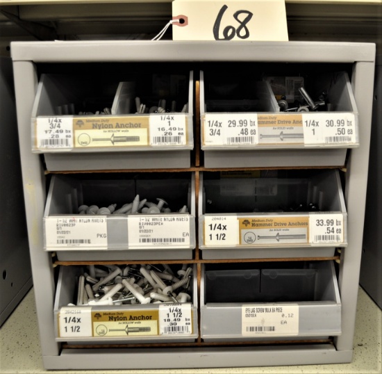 Organizer Bin & Various Sizes of Nylon Anchors, Rivets & Hammer Drive Anchors