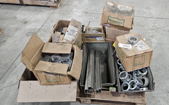 Pallet of misc. hinges, hole discs and hardware