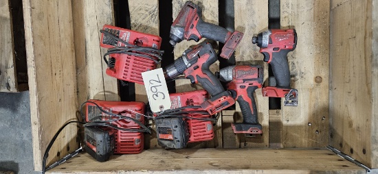 3 Milwaukee M18 brushless Impact drills, 1 Milwaukee M18 drill with 2 batteries and 2 chargers