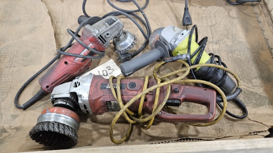 1 Ryobi, 1 Milwaukee, 1 Tool Shop angle grinders