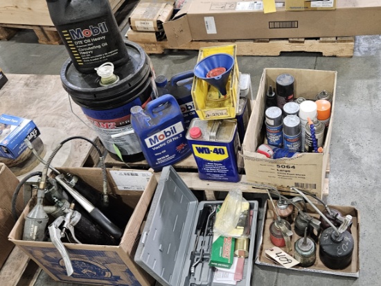 Oilers, funnels, grease guns and various used oils -