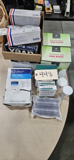 Lot of Lens wipes, eyewash droppers, safety glasses and more