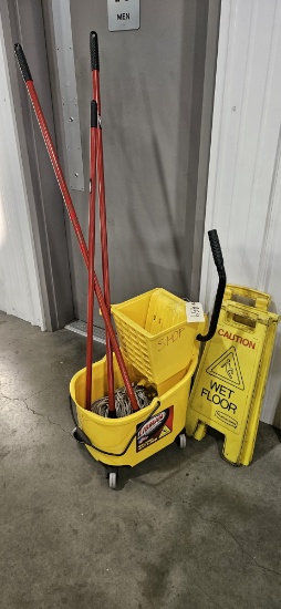 3 wet floor signs, mop bucket & mops
