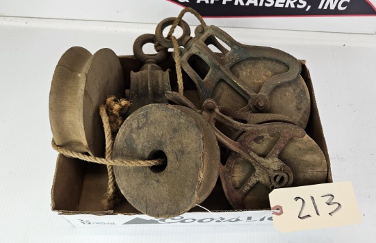 3 - Pullies & 2 wood pulley wheels