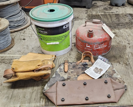 John Deer gas can, Bucket of Poly line, Nicholas work belt, Klein tool bag
