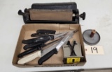Assortment of Knives, Knife Sharpener & Patty Press