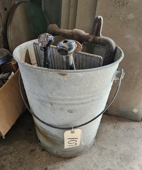 Antique Tall Galvanized Pail with Misc