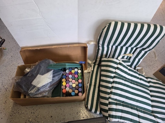 Crafting Supplies Including Paint- Fabric and more- 2 Patio Furniture Cushions