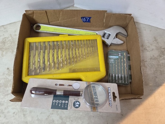 Large Crescent Wrench- 2 Packs of Drill Bits- Magnifying Glass