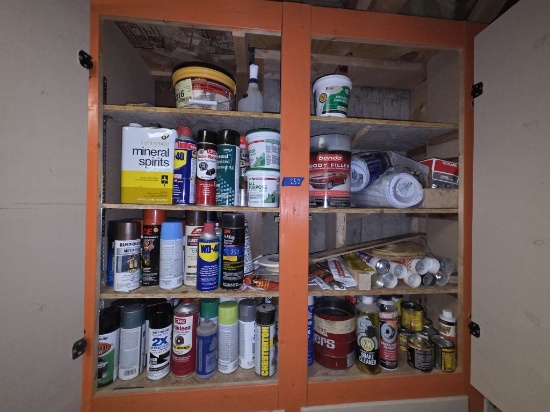 Contents of Middle Upper Cupboard in Basement Wood Shop- Includes Cleaners-Stain- WD40 and More