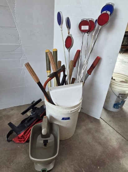Bucket of Pruners/Yard Tools & Spreaders