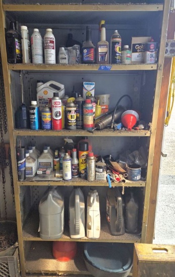 Contents of Shelf by Overhead Door of Big Shed - Oils - Cleaners & Lube - Shelf Not Included